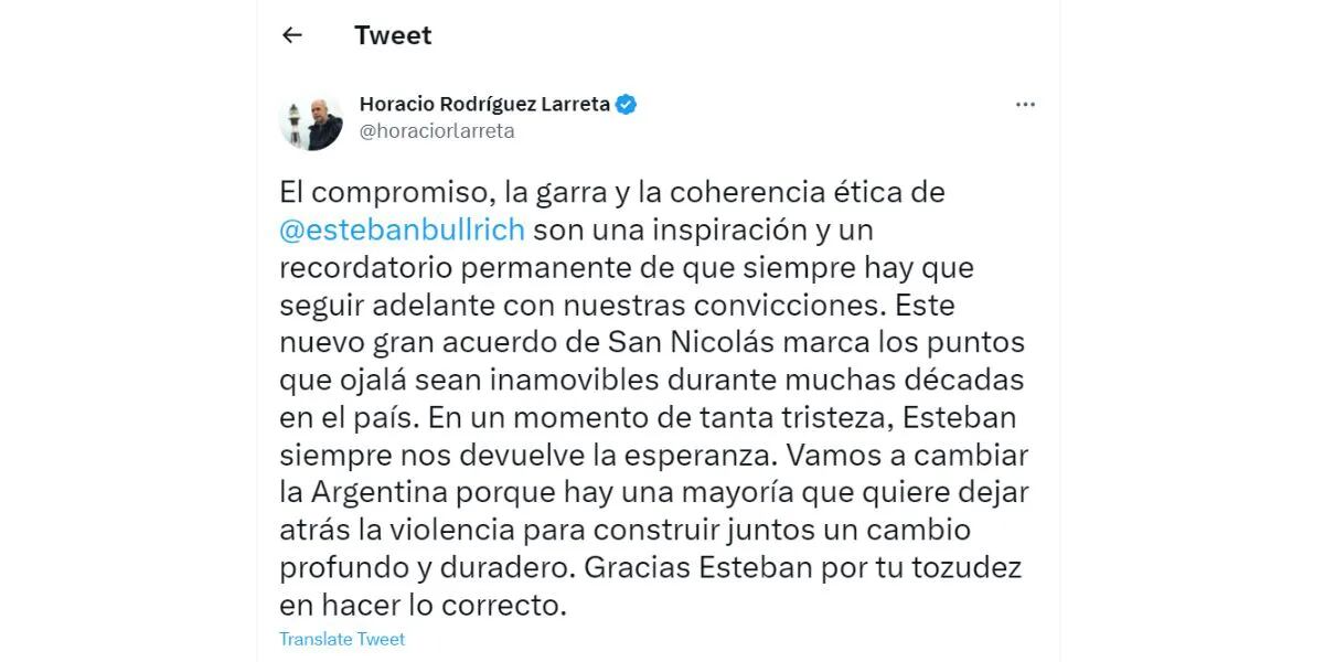 Horacio Rodríguez Larreta apoyó a Esteban Bullrich tras presentar el gran acuerdo nacional: “Coherencia ética”