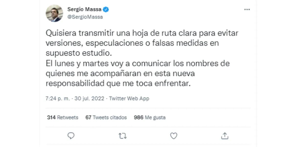 El contundente mensaje de Sergio Massa a horas de asumir como “superministro”: “Evitar versiones, especulaciones o falsas medidas”