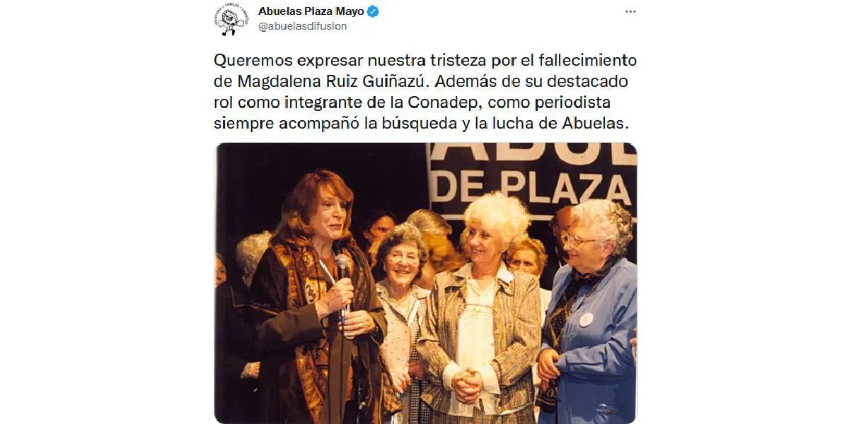 Abuelas de Plaza de Mayo recordó a Magdalena Ruiz Guiñazú: “Siempre acompañó nuestra búsqueda y lucha”