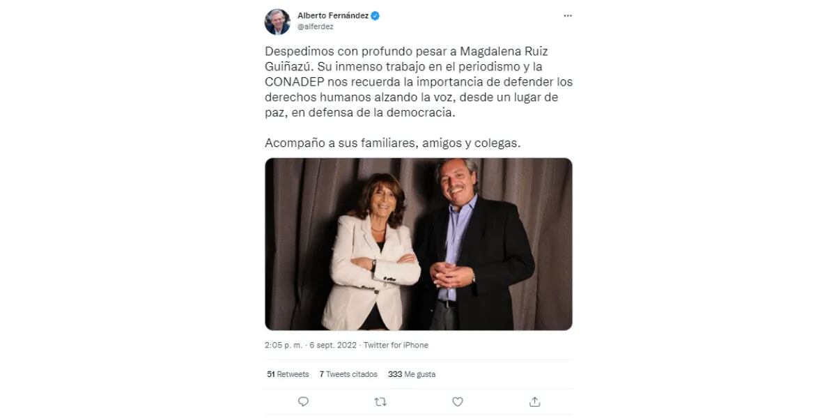 Alberto Fernández despidió a Magdalena Ruiz Guiñazú: “La importancia de defender los derechos humanos alzando la voz”