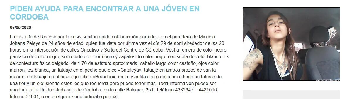 El comunicado del Ministerio Público Fiscal sobre la desaparición de Micaela Johana Zelaya 