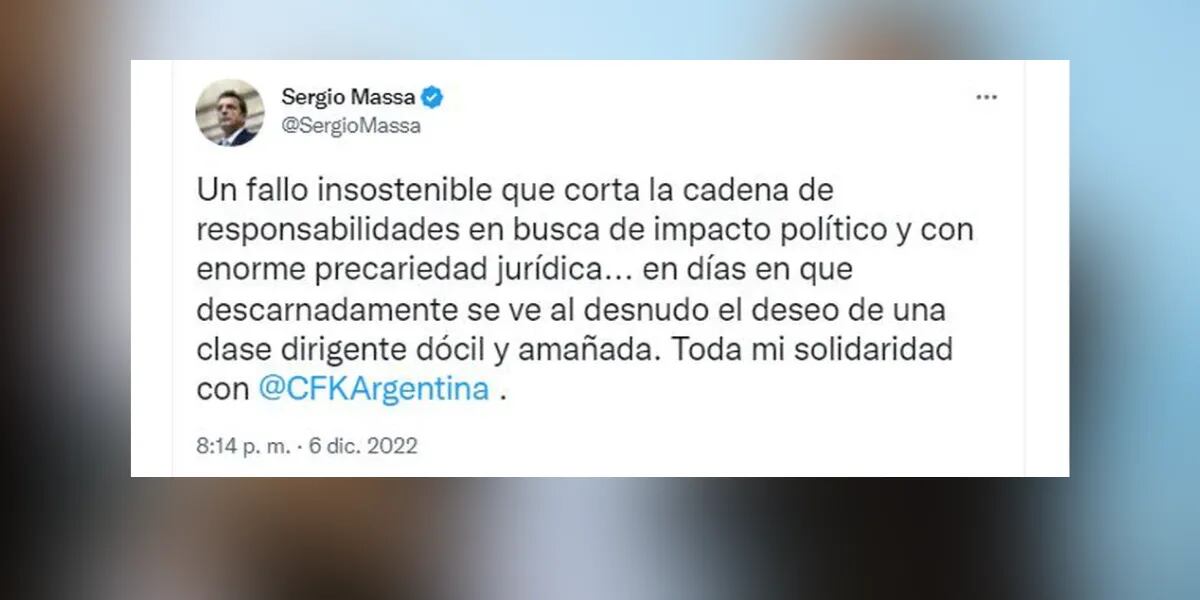 Sergio Massa criticó el veredicto contra Cristina Kirchner en la Causa Vialidad: "Un fallo insostenible"