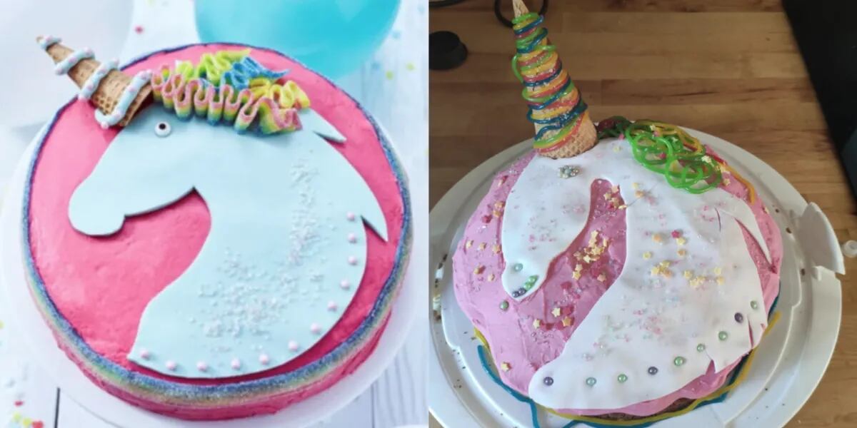 Quiso hacerle una torta unicornio a su hija pero el resultado fue desastroso y explotó en las redes: “Parecía fácil”