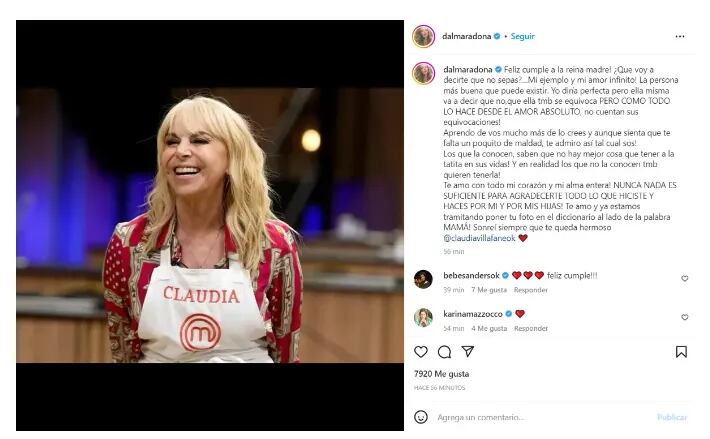 Dalma Maradona le dedicó un tierno posteo en su cuenta de Instagram a su madre que se encuentra cumpliendo 61 años.