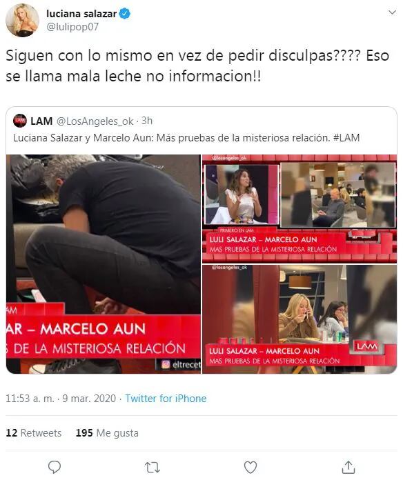 Luciana Salazar compartió su enojo en su cuenta de Twitter luego de que la vinculen con el empresario Marcelo Aun y con el asesino Máximo Thompsen.