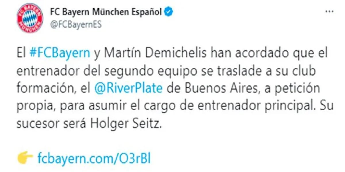El Bayern Múnich se anticipó y anunció que Martín Demicheli será el nuevo entrenador de River Plate