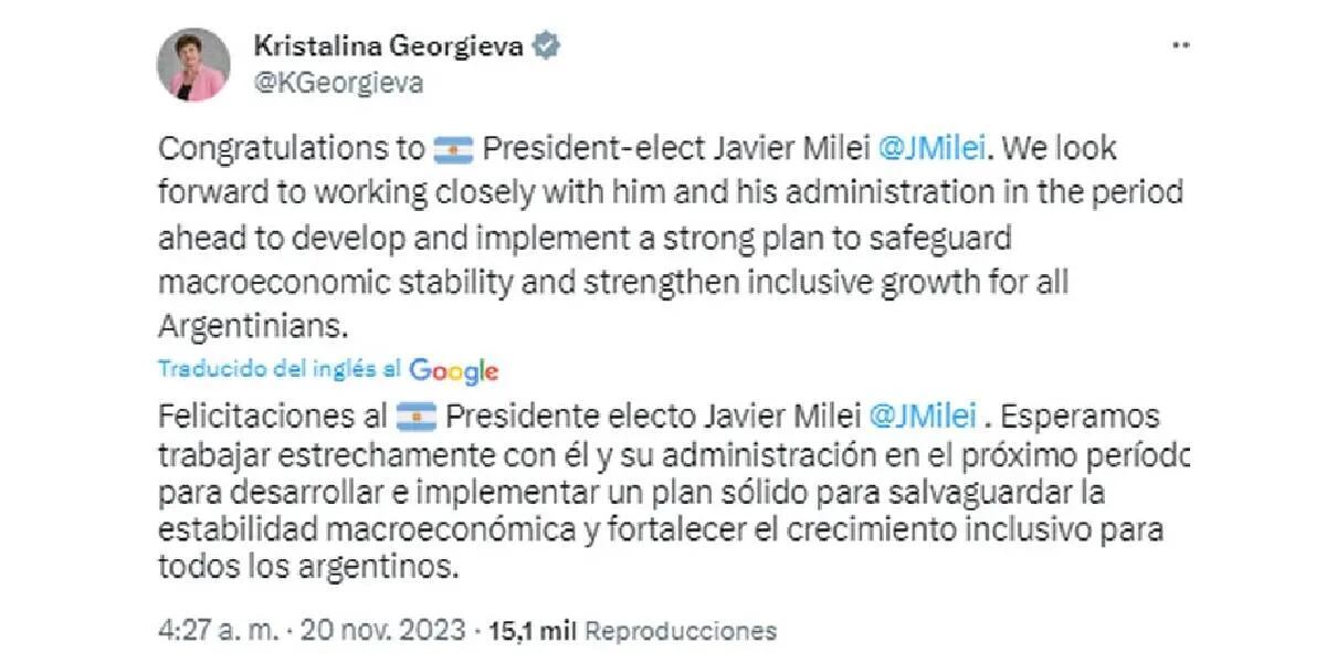 El FMI felicitó a Javier Milei por su triunfo en el balotaje: qué manifestaron sobre el plan económico