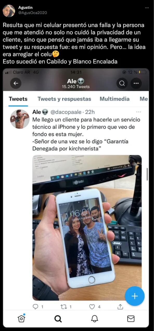 Un técnico se negó a arreglarle el celular a un cliente por tener una foto de Cristina Kirchner