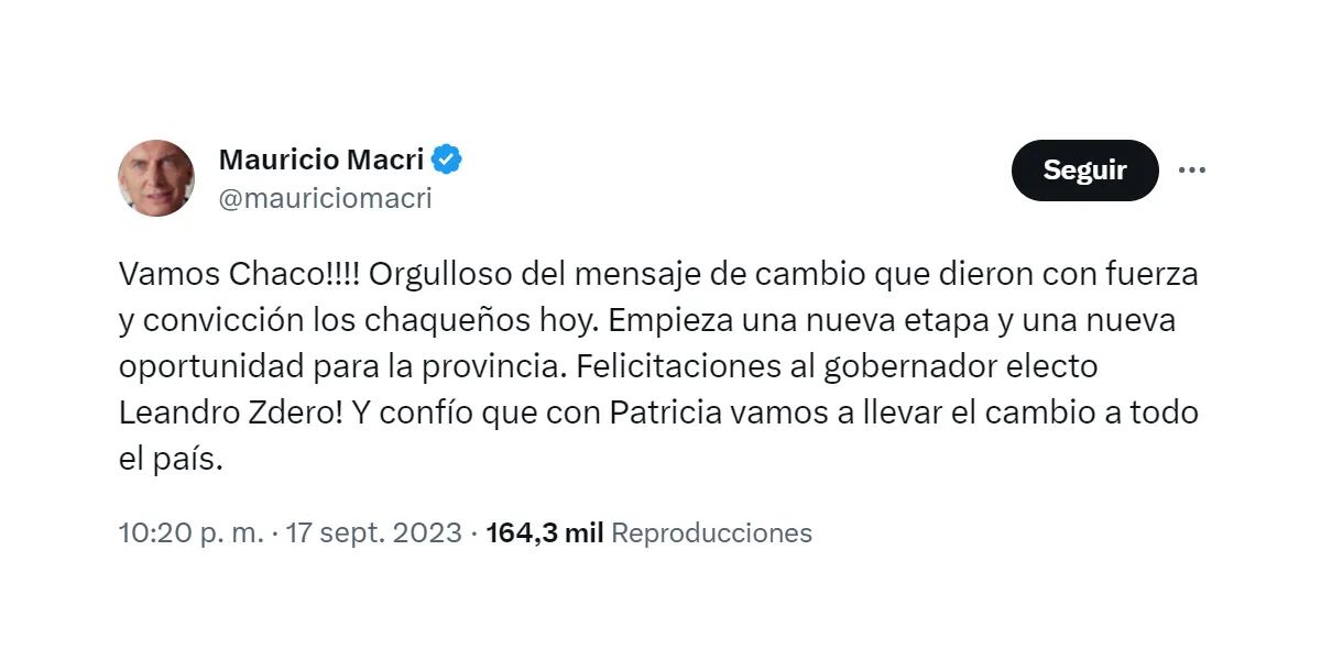 Mauricio Macri celebró el triunfo de Leandro Zdero en Chaco: “Vamos a llevar el cambio a todo el país”