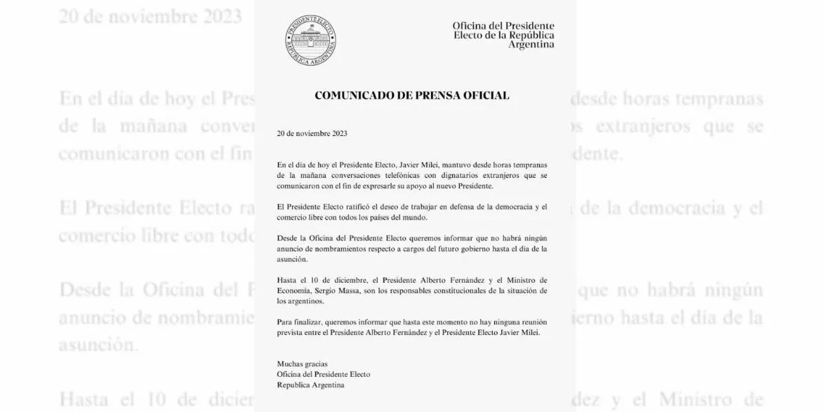El contundente comunicado de Javier Milei tras su triunfo en el balotaje 2023: "No habrá ningún anuncio de nombramientos".