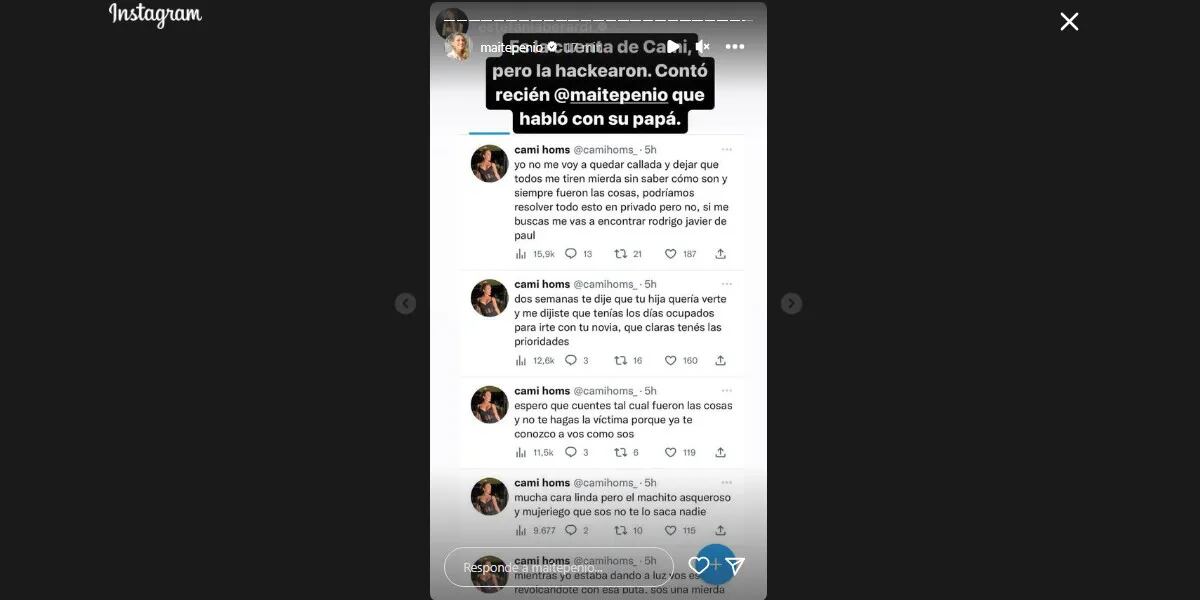 Hackearon a Camila Homs y disparó tuits hirientes contra Rodrigo De Paul y Tini Stoessel