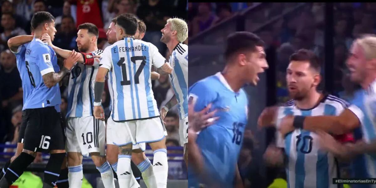 Messi agarra del cuello a su rival durante acalorado momento durante partido 