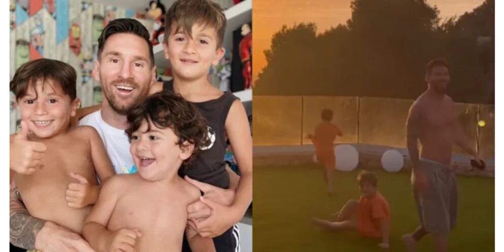 A pura música y con el atardecer de Ibiza, Lionel Messi jugó al futbol con sus hijos pero no tuvo compasión 