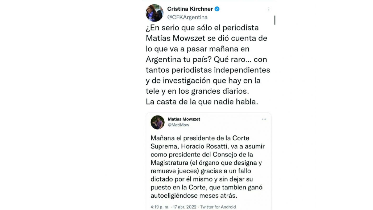 Cristina Kirchner apuntó contra Horacio Rosatti después de que asumiera el Consejo de la Magistratura: “La casta”