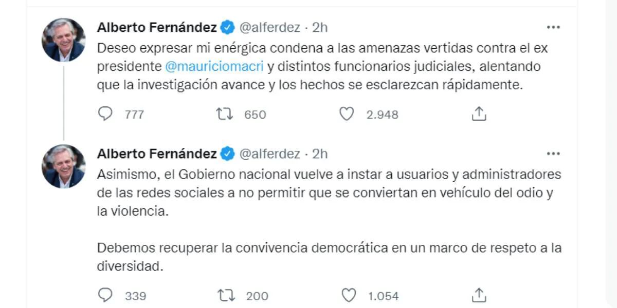 Alberto Fernández condenó las amenazas de muerte a Mauricio Macri: “Debemos recuperar la convivencia democrática”