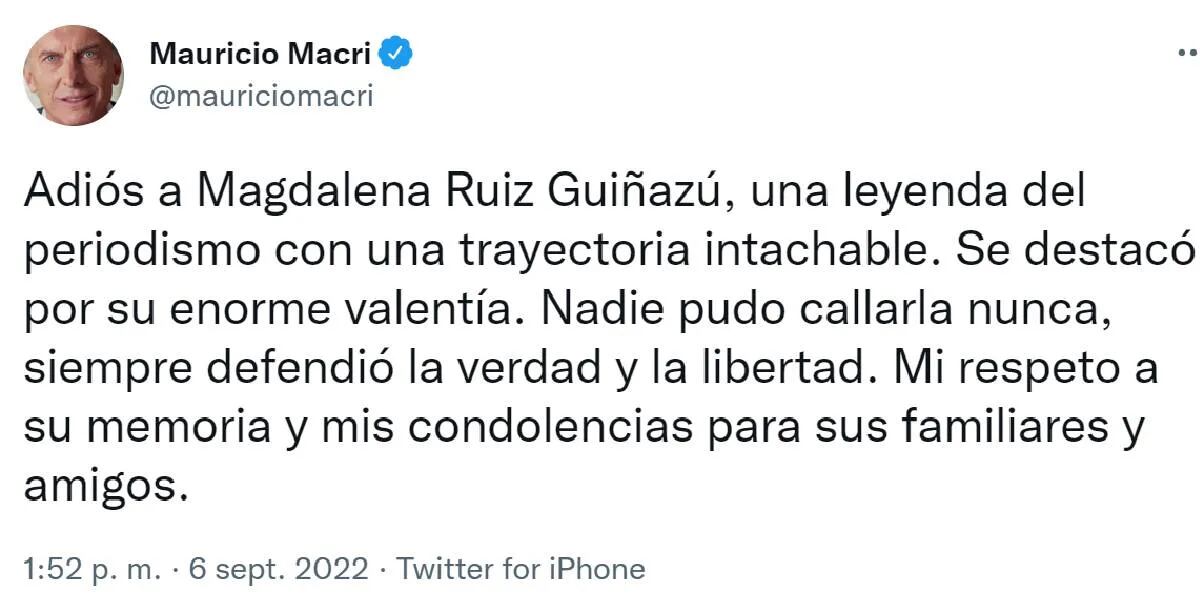 Mauricio Macri despidió a Magdalena Ruiz Guiñazú: "Nadie pudo callarla nunca"