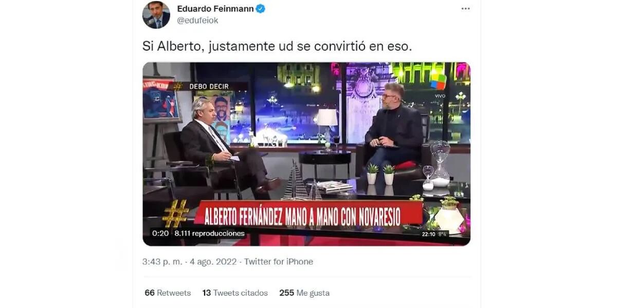 Eduardo Feinmann cargó contra Alberto Fernández: “Usted se convirtió en eso”
