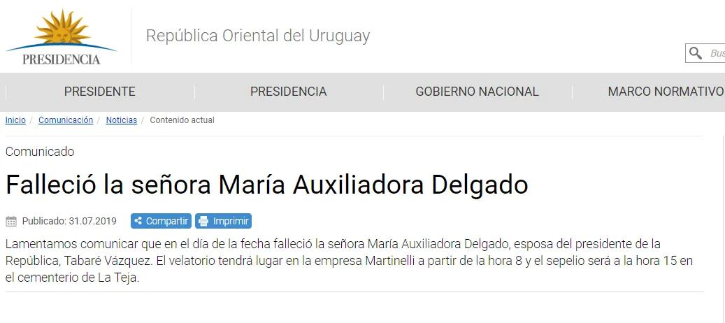 La noticia sobre la muerte de la esposa del presidente fue confirmada por el gobierno uruguayo