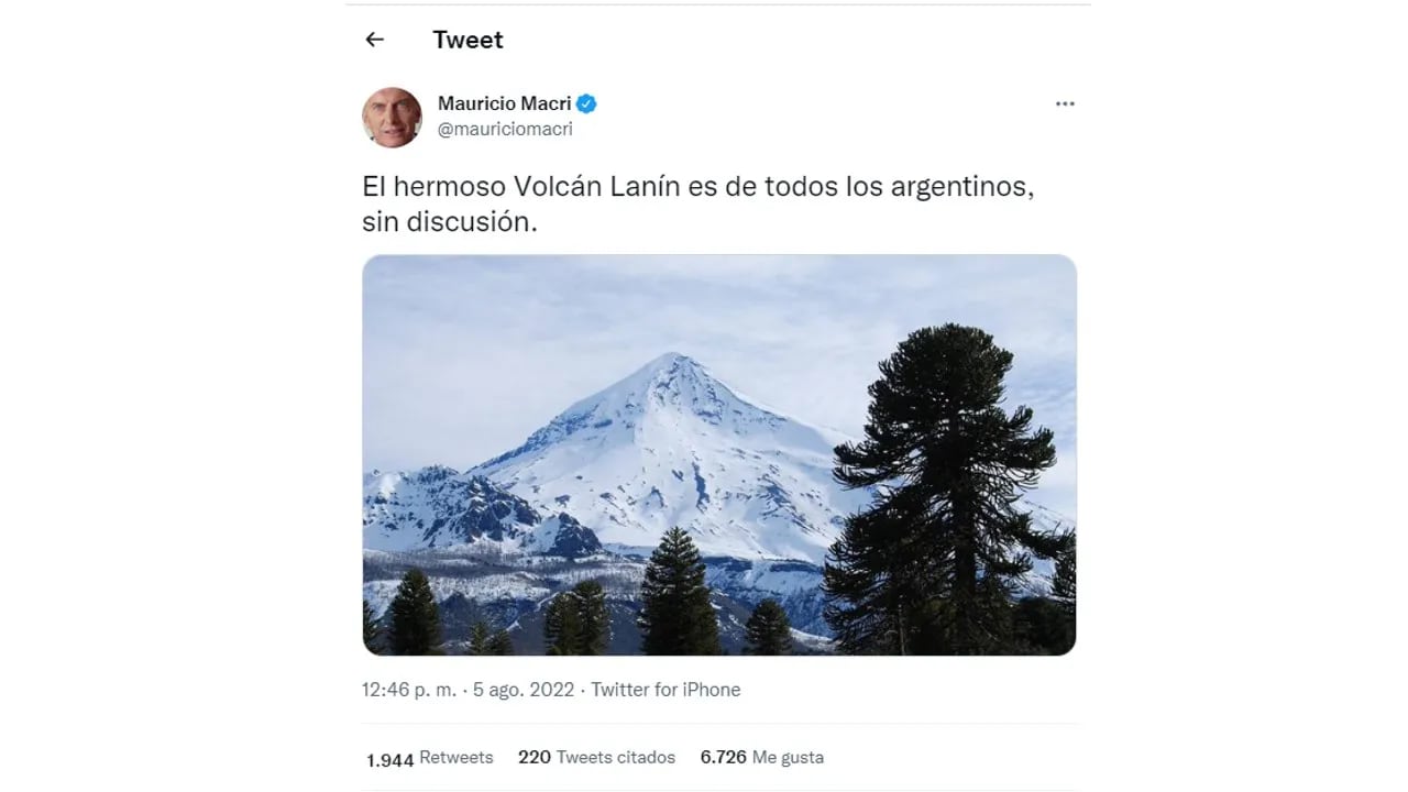 Mauricio Macri salió al cruce por la polémica con el volcán Lanín: “Es de todos los argentinos”