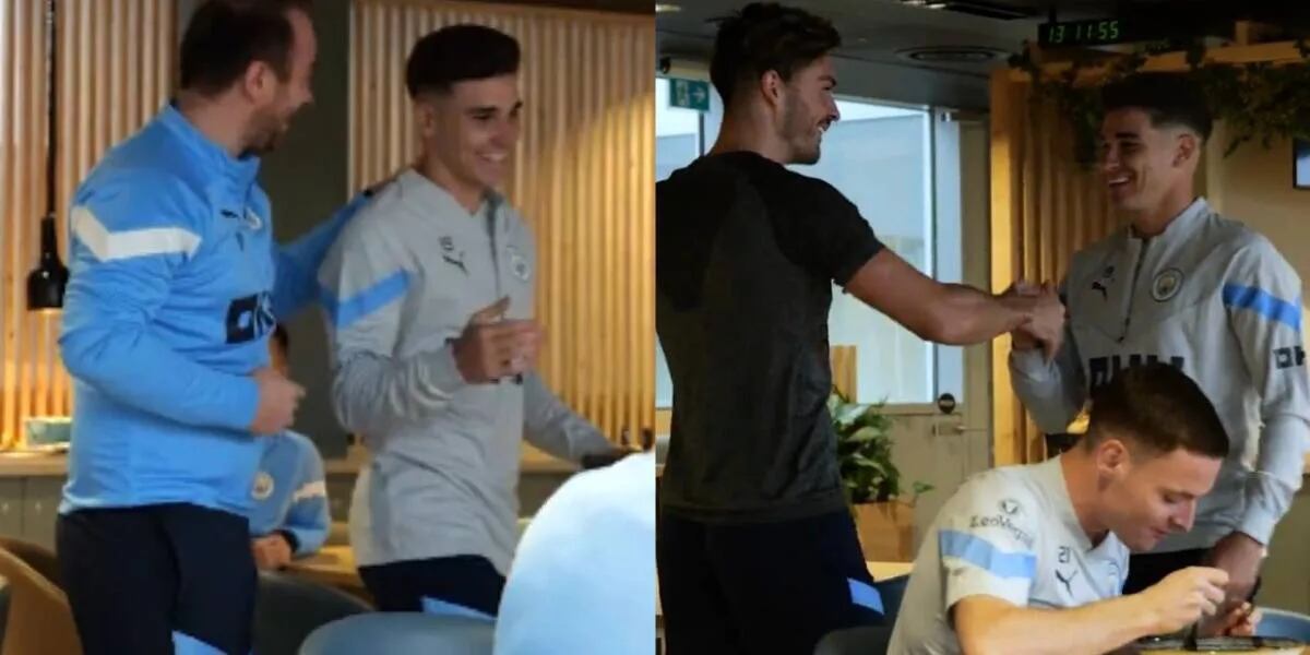 El cálido recibimiento de los jugadores del Manchester City a Julián Álvarez