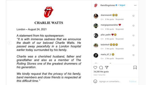 De qué murió Charlie Watts, el icónico baterista de los Rolling Stones