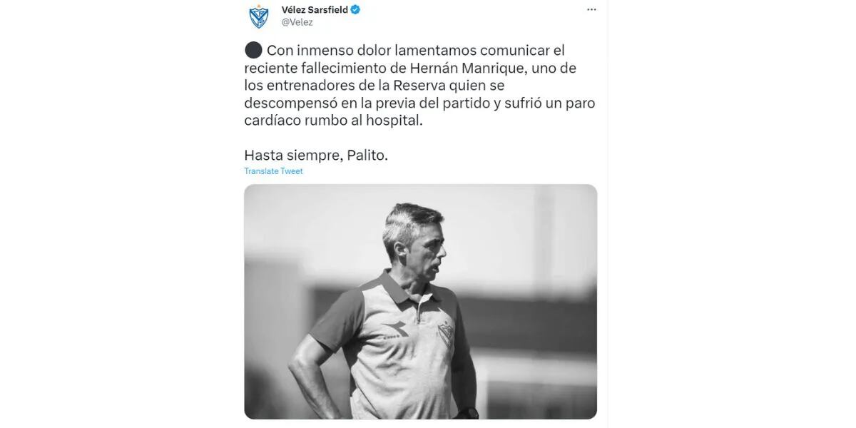 Conmoción: murió Hernán Manrique, DT de la reserva de Vélez, minutos antes del partido ante Racing