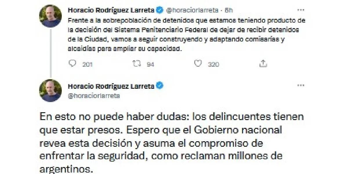 “Los delincuentes tienen que estar presos”, Horacio Rodríguez Larreta acusó al Gobierno de negarse a recibir presos de la Ciudad