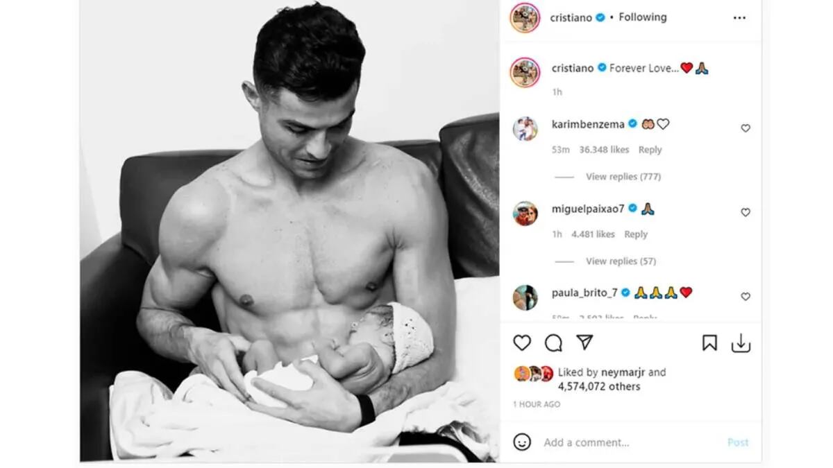 La conmovedora foto de Cristiano Ronaldo sosteniendo a su hija recién nacida: “Amor para siempre”