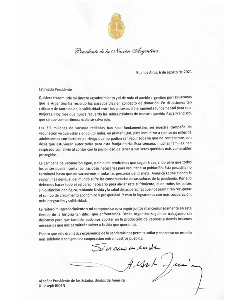 La carta de Alberto Fernández a Joe Biden