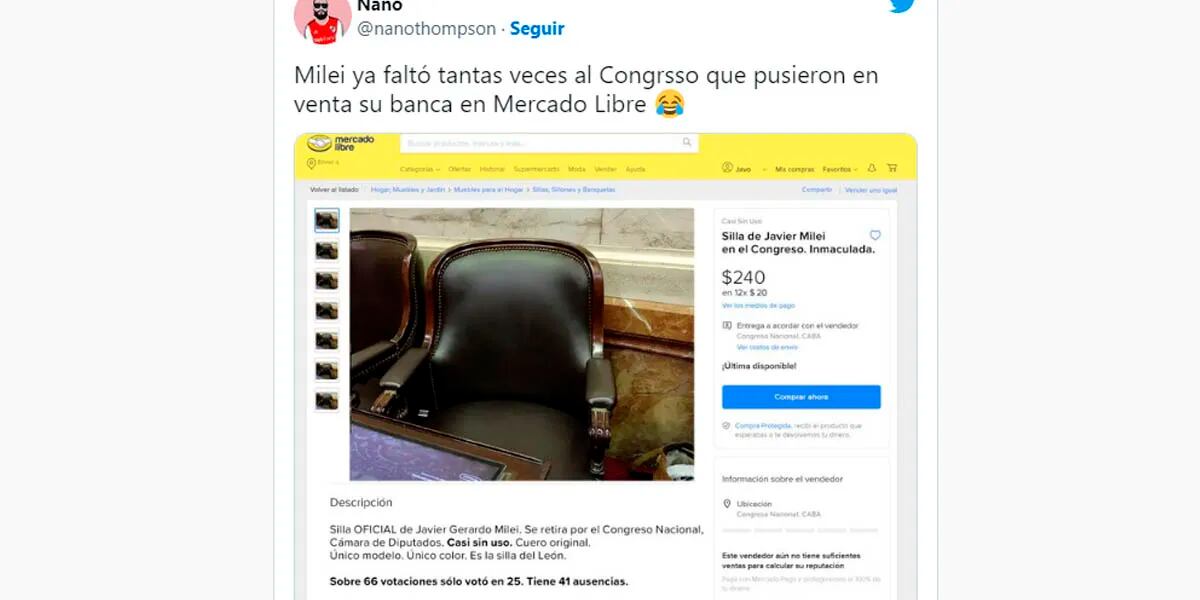 “Venden” por internet la silla de Javier Milei en el Congreso por sus repetidas ausencias: “Inmaculada”