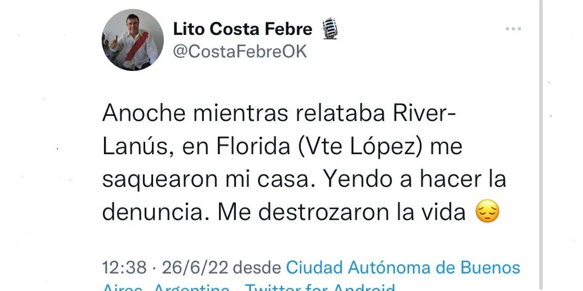 Desvalijaron la casa de Lito Costa Febre mientras se encontraba relatando River- Lanús: “Me destrozaron la vida”