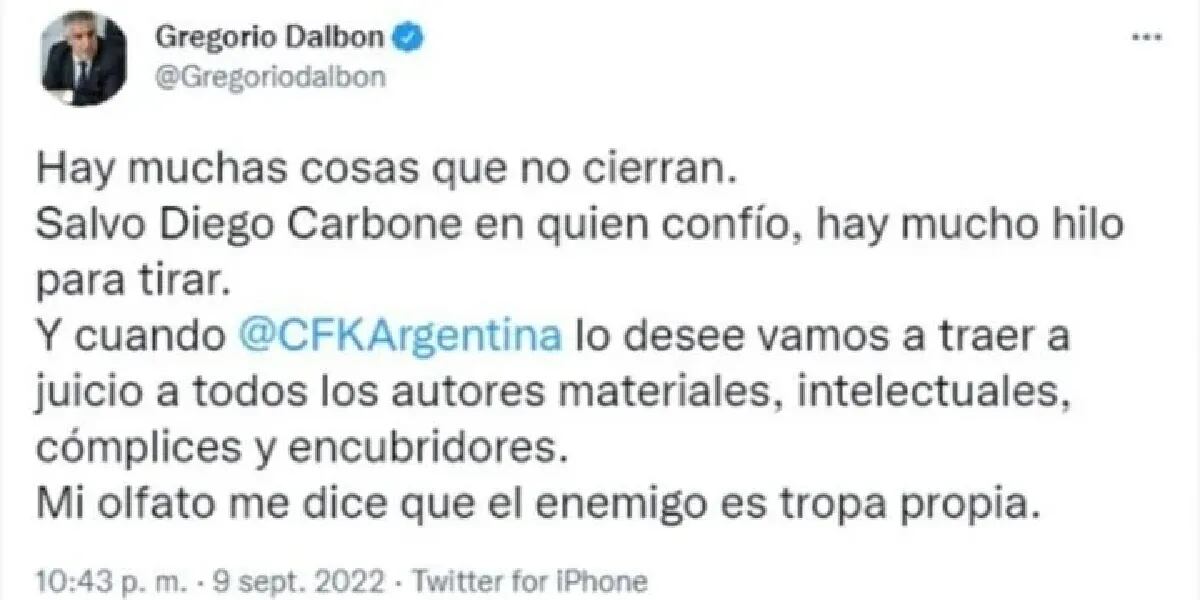 “El enemigo es tropa propia”, el abogado de Cristina Kirchner borró un polémico tuit y tuvo que dar explicaciones
