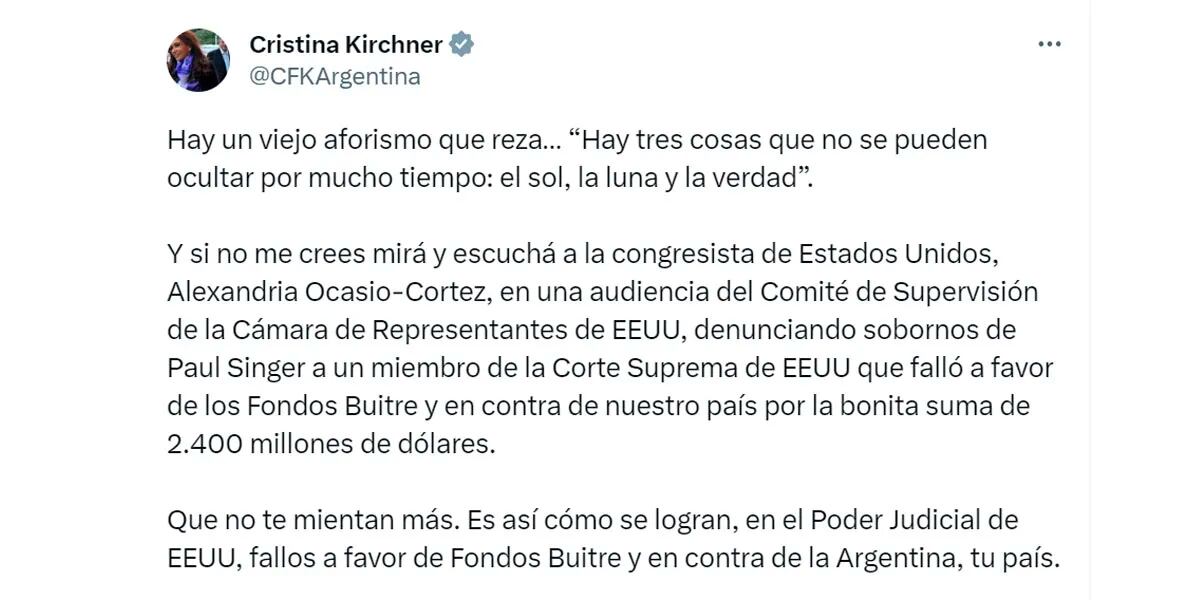 Reapareció Cristina Kirchner con críticas a la Justicia de Estados Unidos tras el fallo contra Argentina por YPF: “Que no te mientan más”