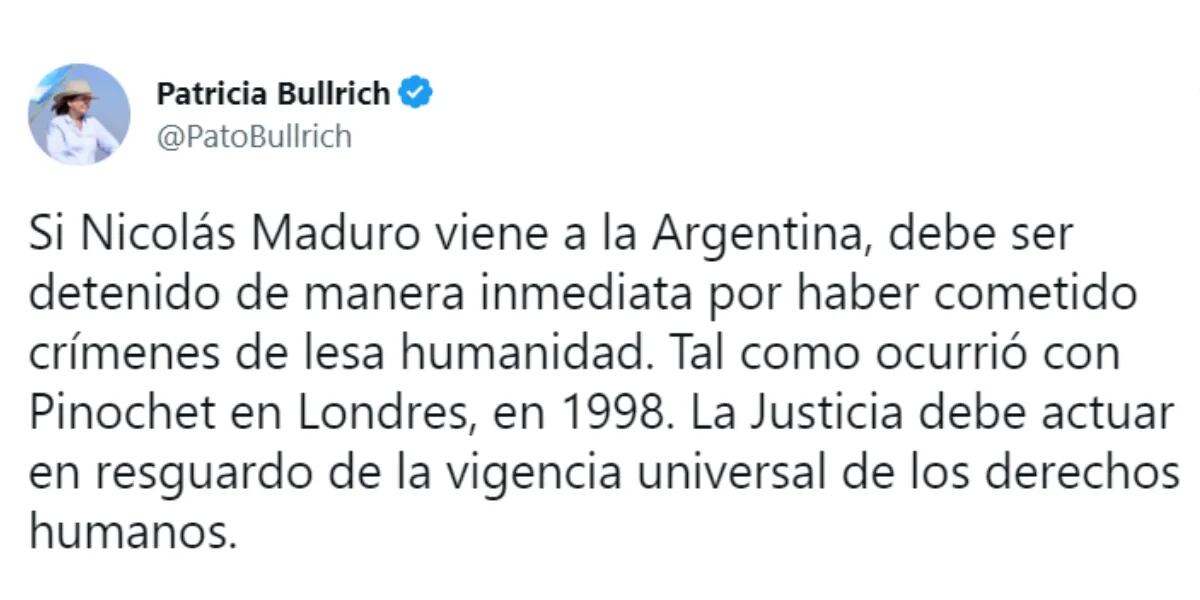Patricia Bullrich apuntó contra Nicolás Maduro y pidió su detención si viene a la Argentina: “No es un aguantadero”