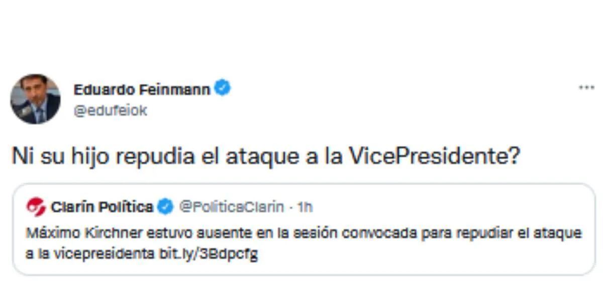 La reacción de Eduardo Feinmann por el faltazo de Máximo Kirchner al Congreso: “¿Su hijo repudia el ataque?”