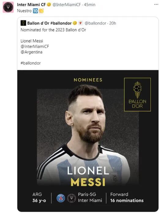 La llamativa reacción del Inter Miami tras la nominación de Lionel Messi al Balón de Oro: “Nuestro”