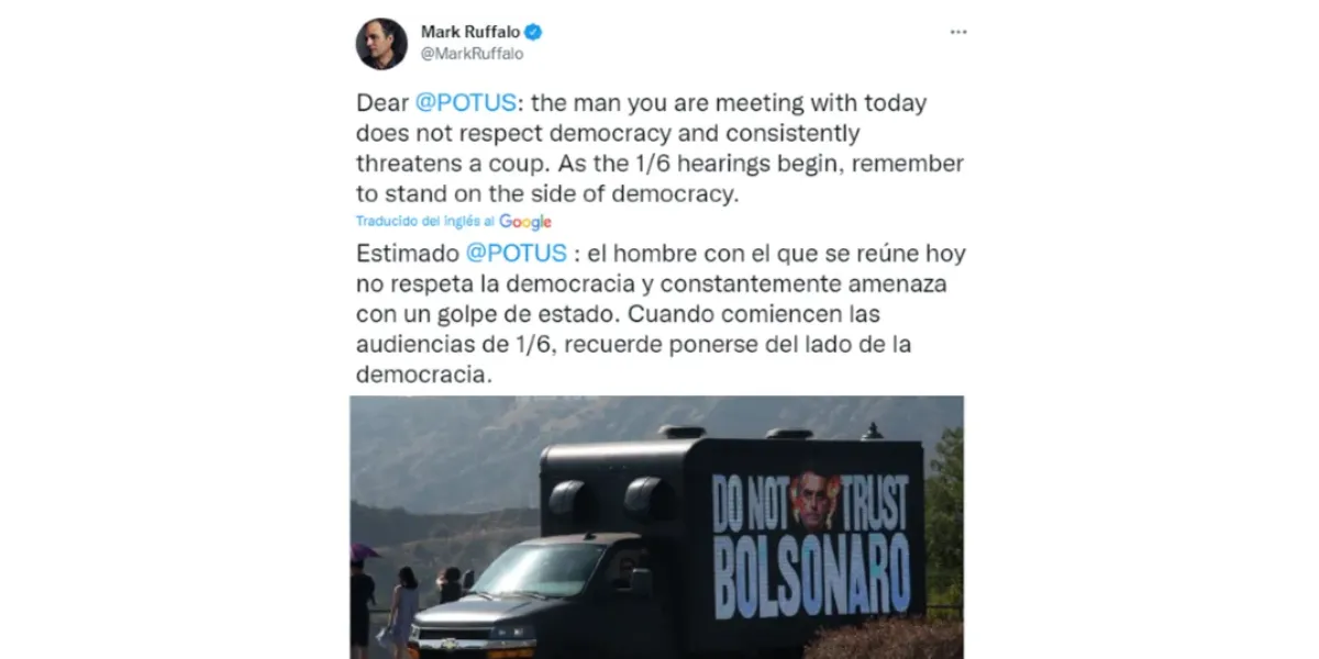 El fuerte cruce entre Mark Ruffalo y Jair Bolsonaro por Twitter: “No respeta la democracia”