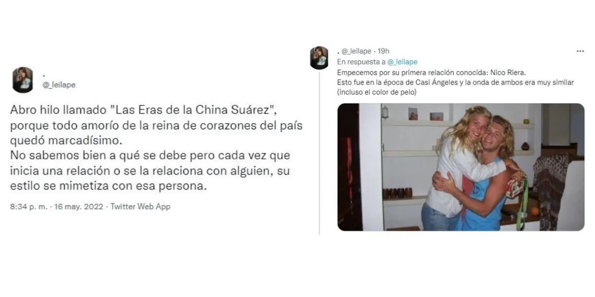 “Las eras de la China Suárez”, el hilo viral que asegura que la actriz se mimetiza con todas sus parejas