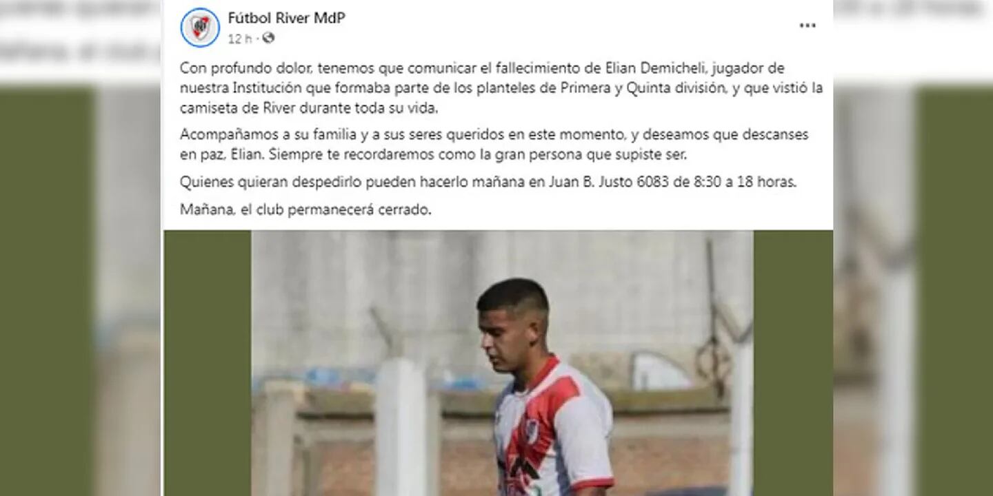  “Acompañamos a su familia y a sus seres queridos": Conmoción en River por el fallecimiento del futbolista Elian Demicheli de River de Mar del Plata